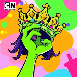A vibrant, cartoon-style illustration of a female hand in a bright green color, playfully holding a large, stylized crown