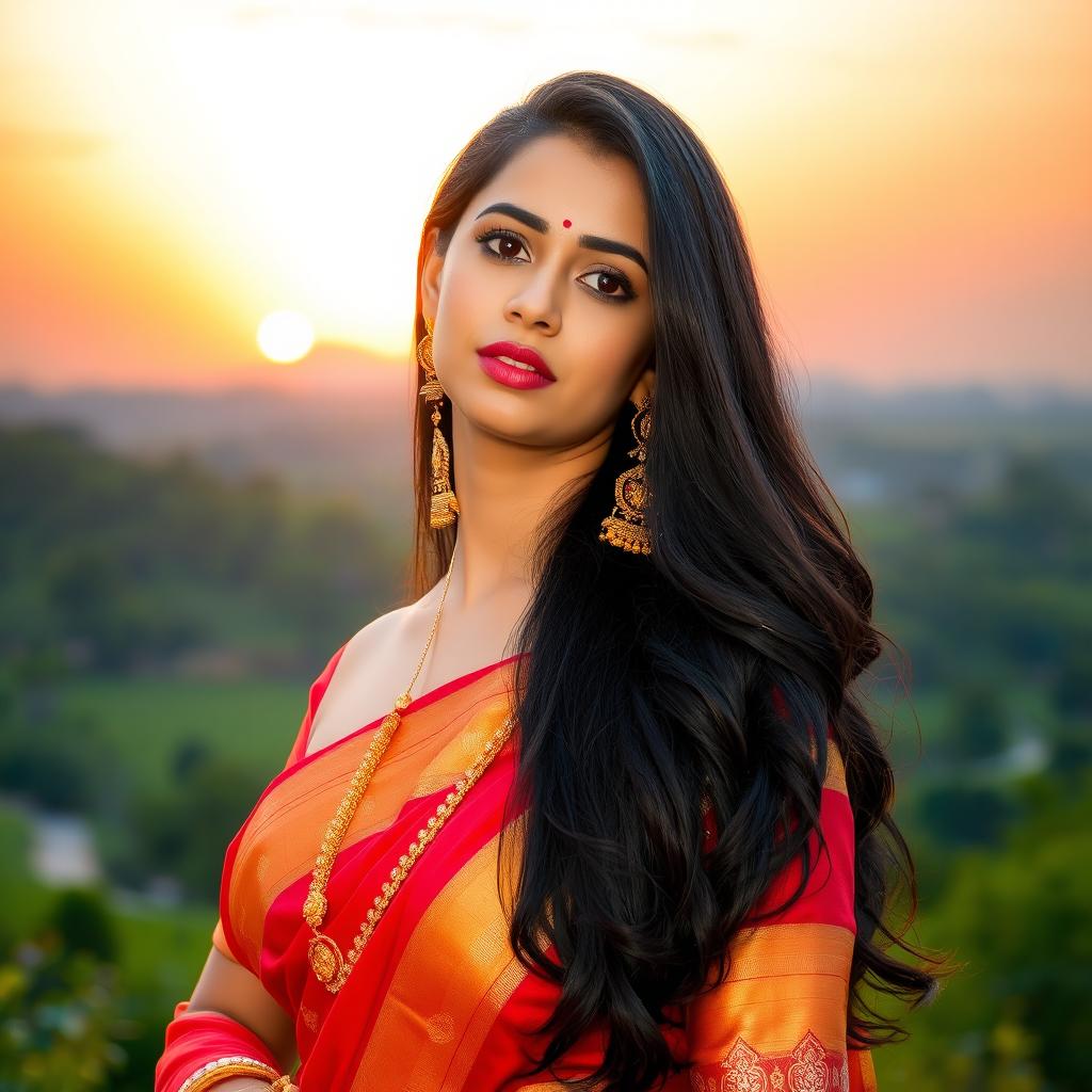 A stunning Indian woman with long black hair cascading down her shoulders, wearing a vibrant red and gold traditional saree that elegantly complements her figure