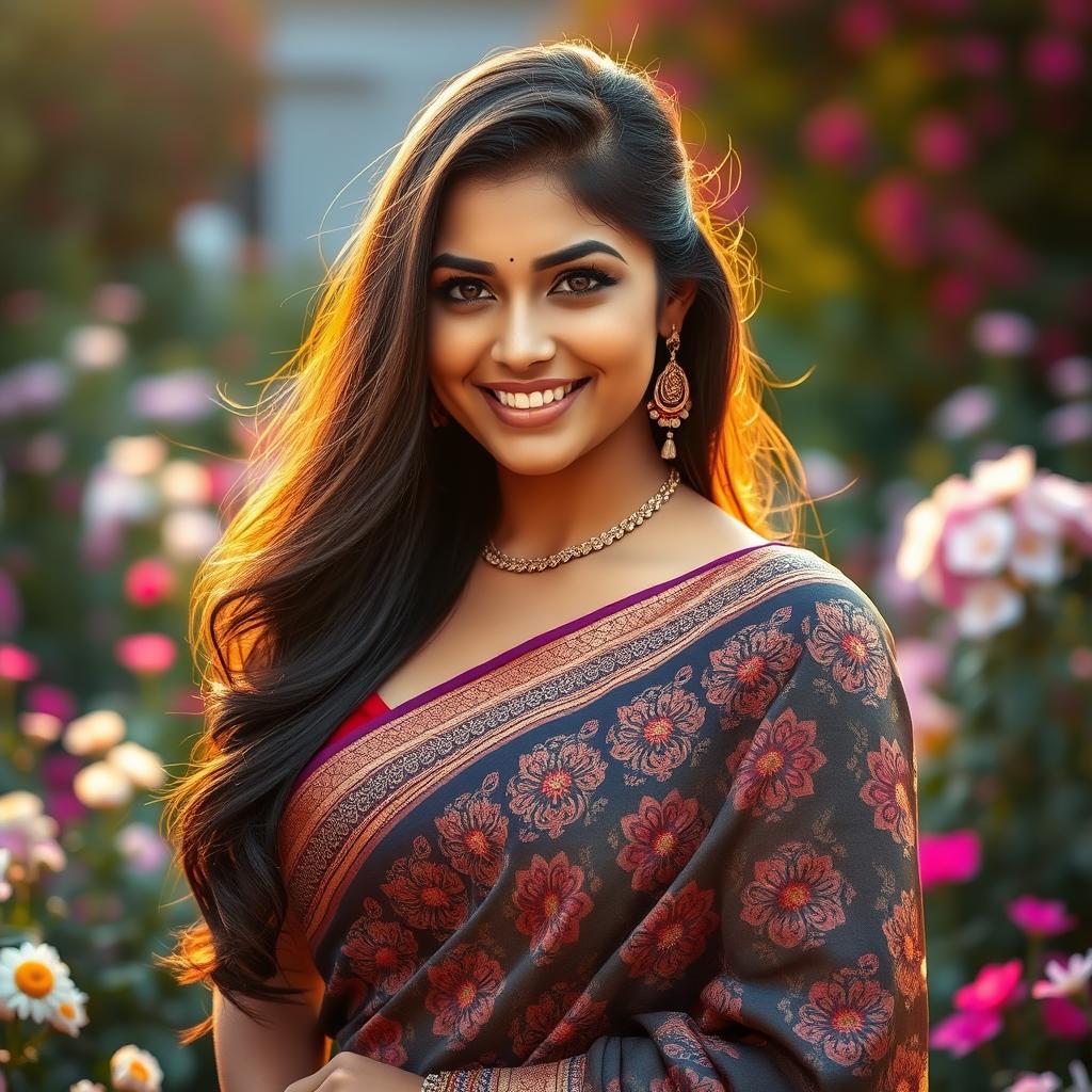 A captivating portrait of a stunning Indian woman with long, dark hair flowing elegantly over her shoulders