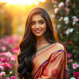 A captivating portrait of a stunning Indian woman with long, dark hair flowing elegantly over her shoulders