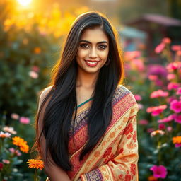 A captivating portrait of a stunning Indian woman with long, dark hair flowing elegantly over her shoulders
