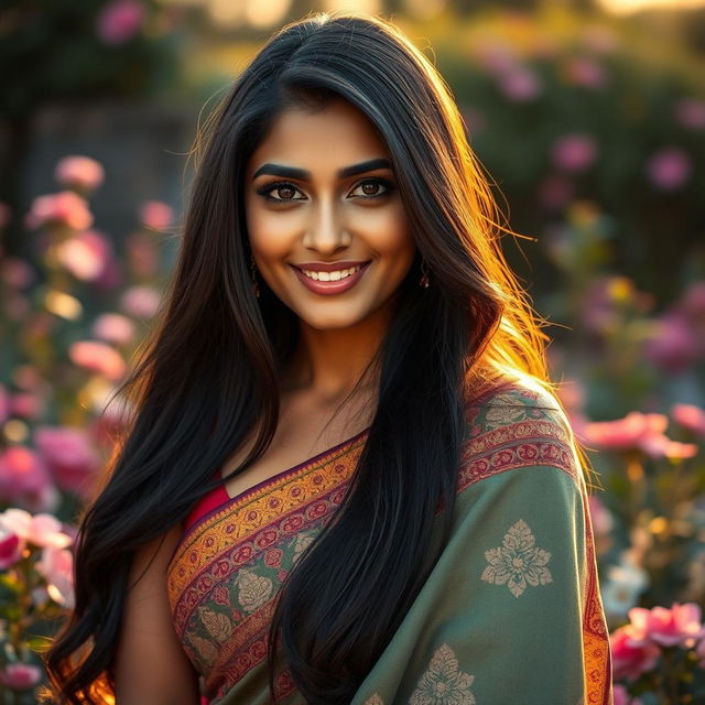 A captivating portrait of a stunning Indian woman with long, dark hair flowing elegantly over her shoulders