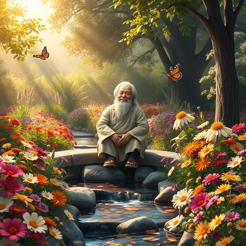 A serene and harmonious scene that beautifully illustrates the concepts of patience and gratitude as keys to happiness