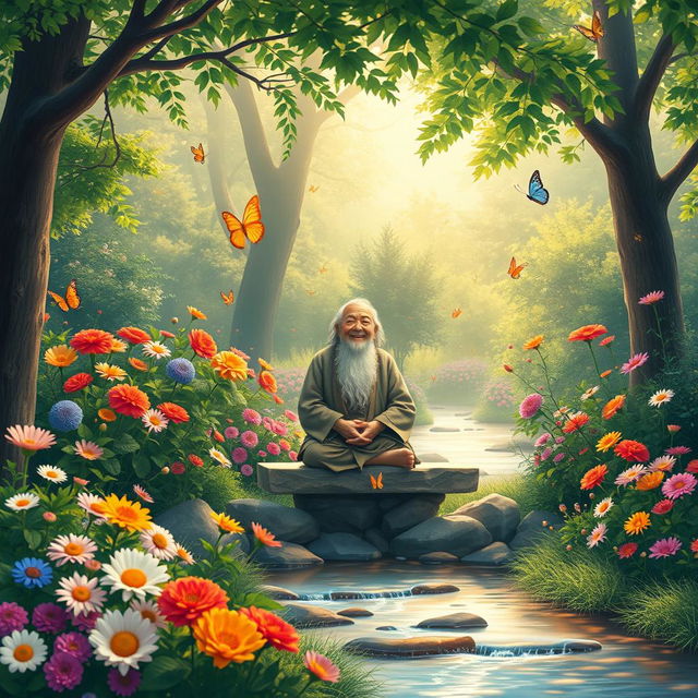 A serene and harmonious scene that beautifully illustrates the concepts of patience and gratitude as keys to happiness