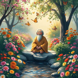 A serene and harmonious scene that beautifully illustrates the concepts of patience and gratitude as keys to happiness