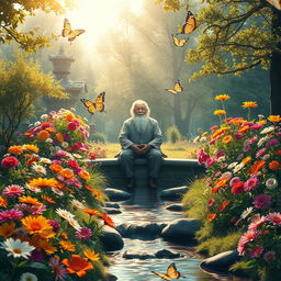 A serene and harmonious scene that beautifully illustrates the concepts of patience and gratitude as keys to happiness