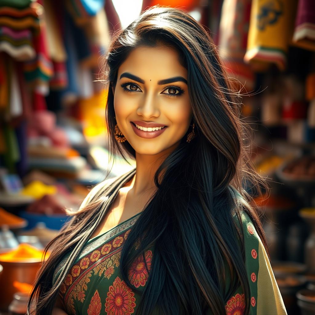 A stunning Indian woman with captivating features, wearing a traditional yet modern fusion outfit