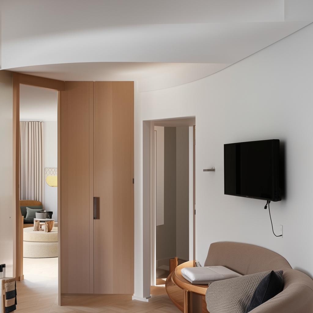 A one bedroom apartment with a round staircase, an open kitchen, and a spacious hall equipped with a television and a comfortable sofa.