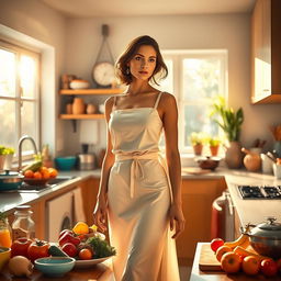 An adult female figure standing in a modern kitchen, showcasing a vibrant atmosphere, sunlight pouring through the windows, surrounded by colorful kitchenware and fresh ingredients