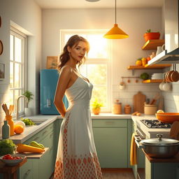 An adult female figure standing in a modern kitchen, showcasing a vibrant atmosphere, sunlight pouring through the windows, surrounded by colorful kitchenware and fresh ingredients