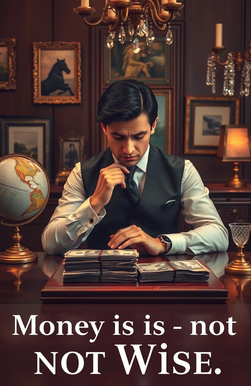 A sophisticated scene depicting a person dressed in elegant attire, contemplating a stack of money on a polished wooden table