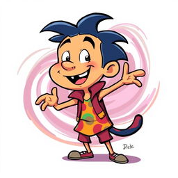 A bold and artistic representation of a stylized cartoon character named Dick, wearing a vibrant colorful outfit, showcasing a playful and adventurous personality