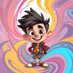 A bold and artistic representation of a stylized cartoon character named Dick, wearing a vibrant colorful outfit, showcasing a playful and adventurous personality