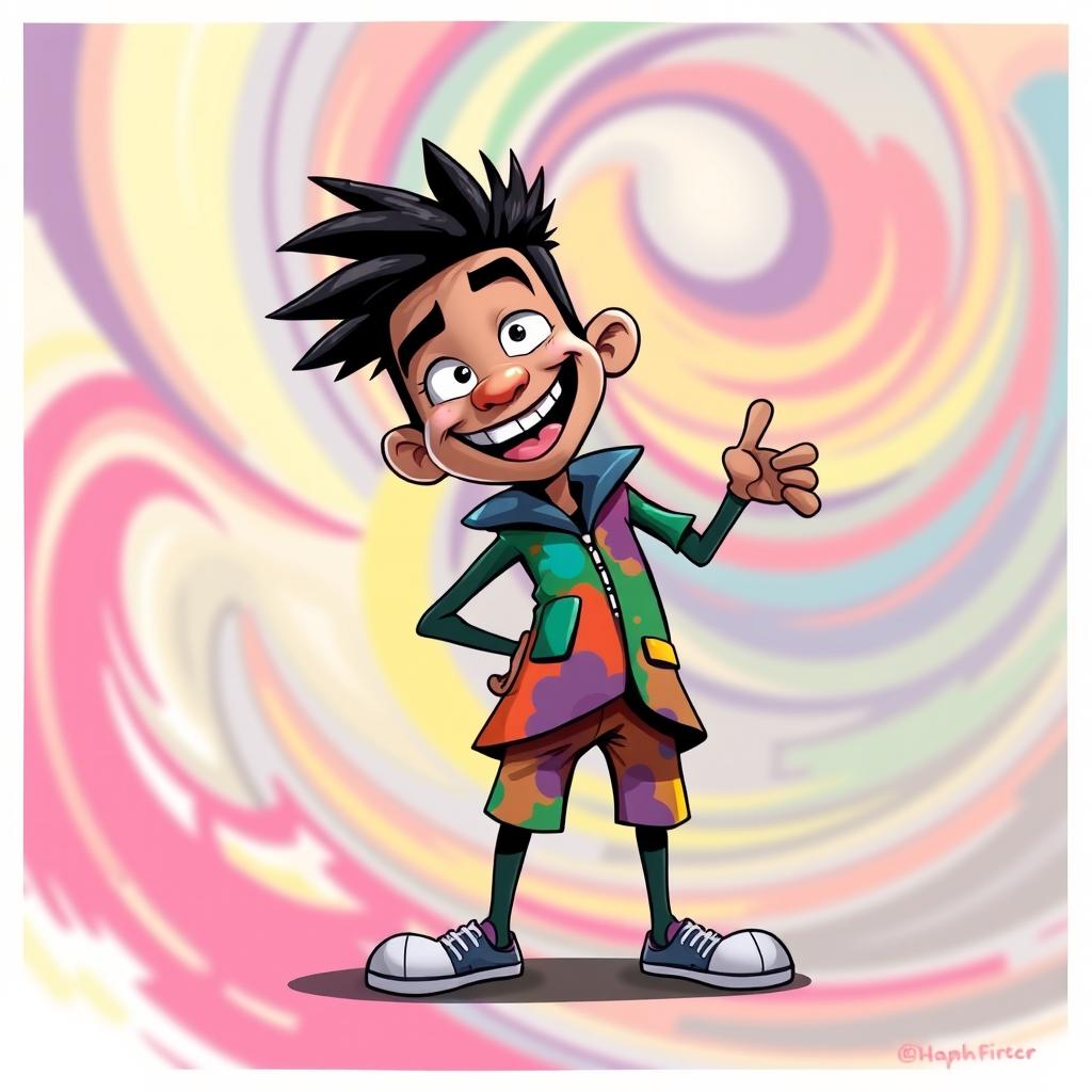 A bold and artistic representation of a stylized cartoon character named Dick, wearing a vibrant colorful outfit, showcasing a playful and adventurous personality