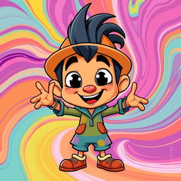 A bold and artistic representation of a stylized cartoon character named Dick, wearing a vibrant colorful outfit, showcasing a playful and adventurous personality