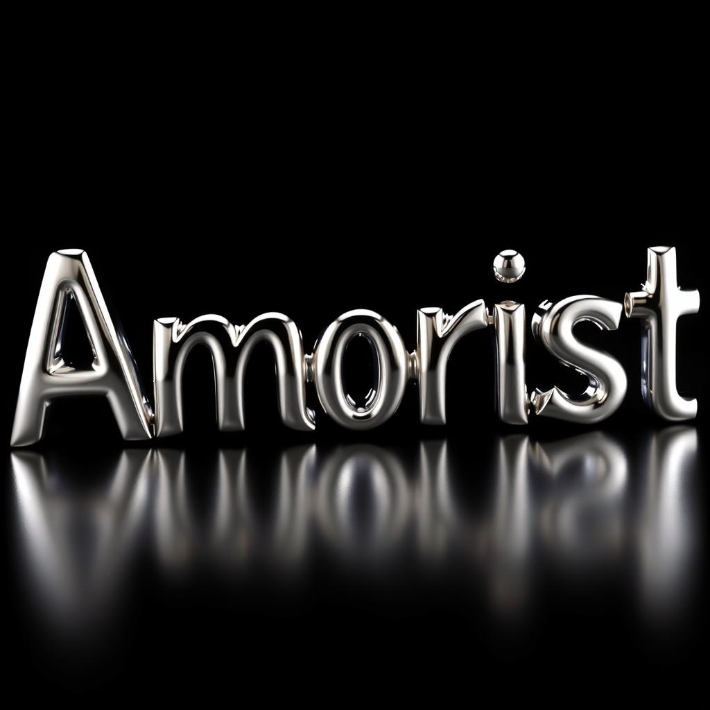 A striking, artistic representation of the word 'Amorist' styled with a sleek chrome metal effect, reflecting light and creating a glossy finish