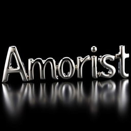 A striking, artistic representation of the word 'Amorist' styled with a sleek chrome metal effect, reflecting light and creating a glossy finish