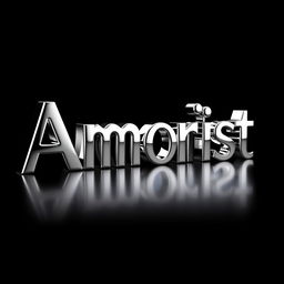 A striking, artistic representation of the word 'Amorist' styled with a sleek chrome metal effect, reflecting light and creating a glossy finish