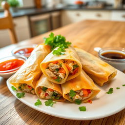 A vibrant and appetizing dish of Chicken Shang-Lumpia, featuring beautifully wrapped spring rolls filled with succulent chicken fillet and a colorful mixture of chopped vegetables