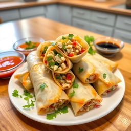 A vibrant and appetizing dish of Chicken Shang-Lumpia, featuring beautifully wrapped spring rolls filled with succulent chicken fillet and a colorful mixture of chopped vegetables