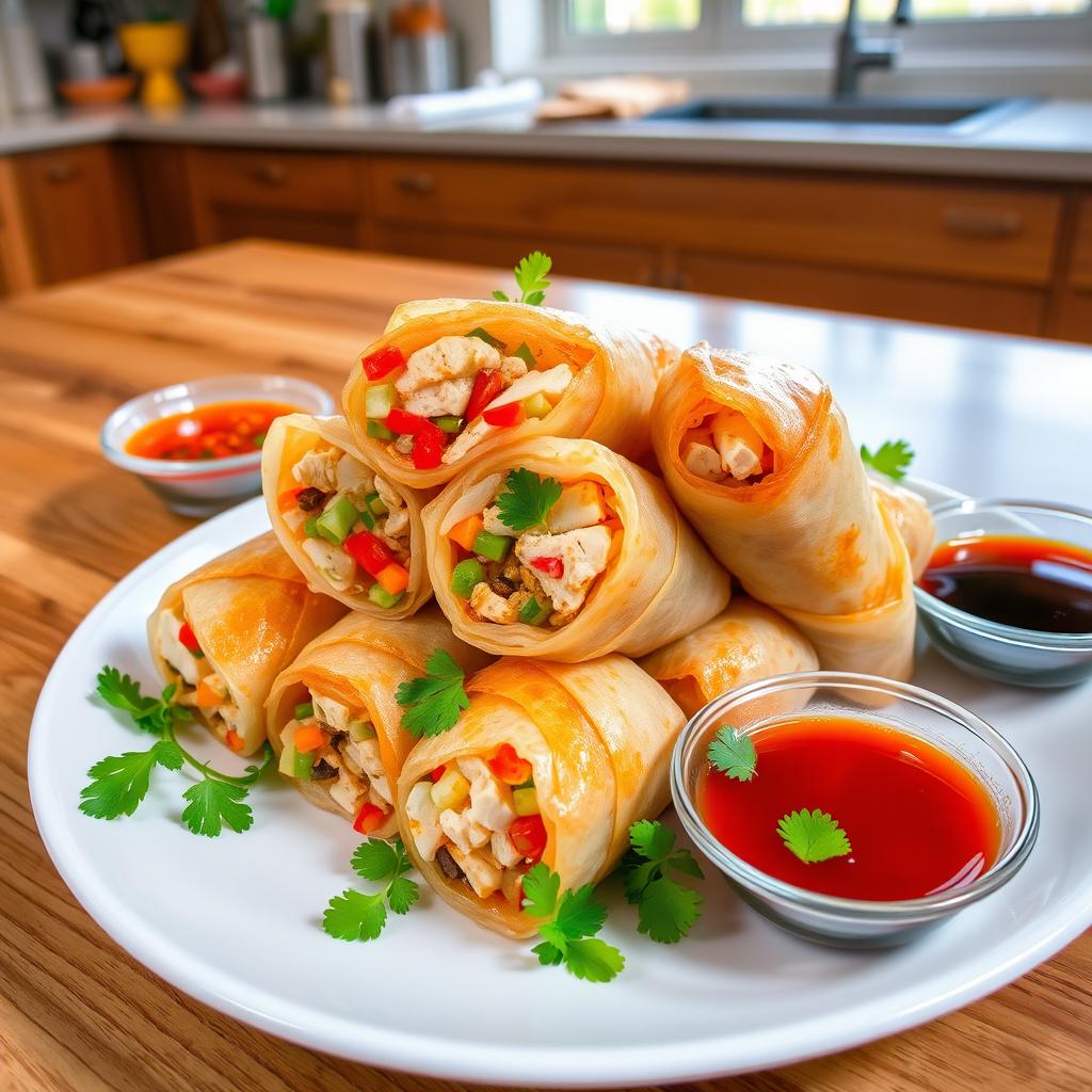 A vibrant and appetizing dish of Chicken Shang-Lumpia, featuring beautifully wrapped spring rolls filled with succulent chicken fillet and a colorful mixture of chopped vegetables
