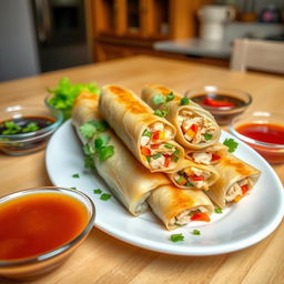 A vibrant and appetizing dish of Chicken Shang-Lumpia, featuring beautifully wrapped spring rolls filled with succulent chicken fillet and a colorful mixture of chopped vegetables