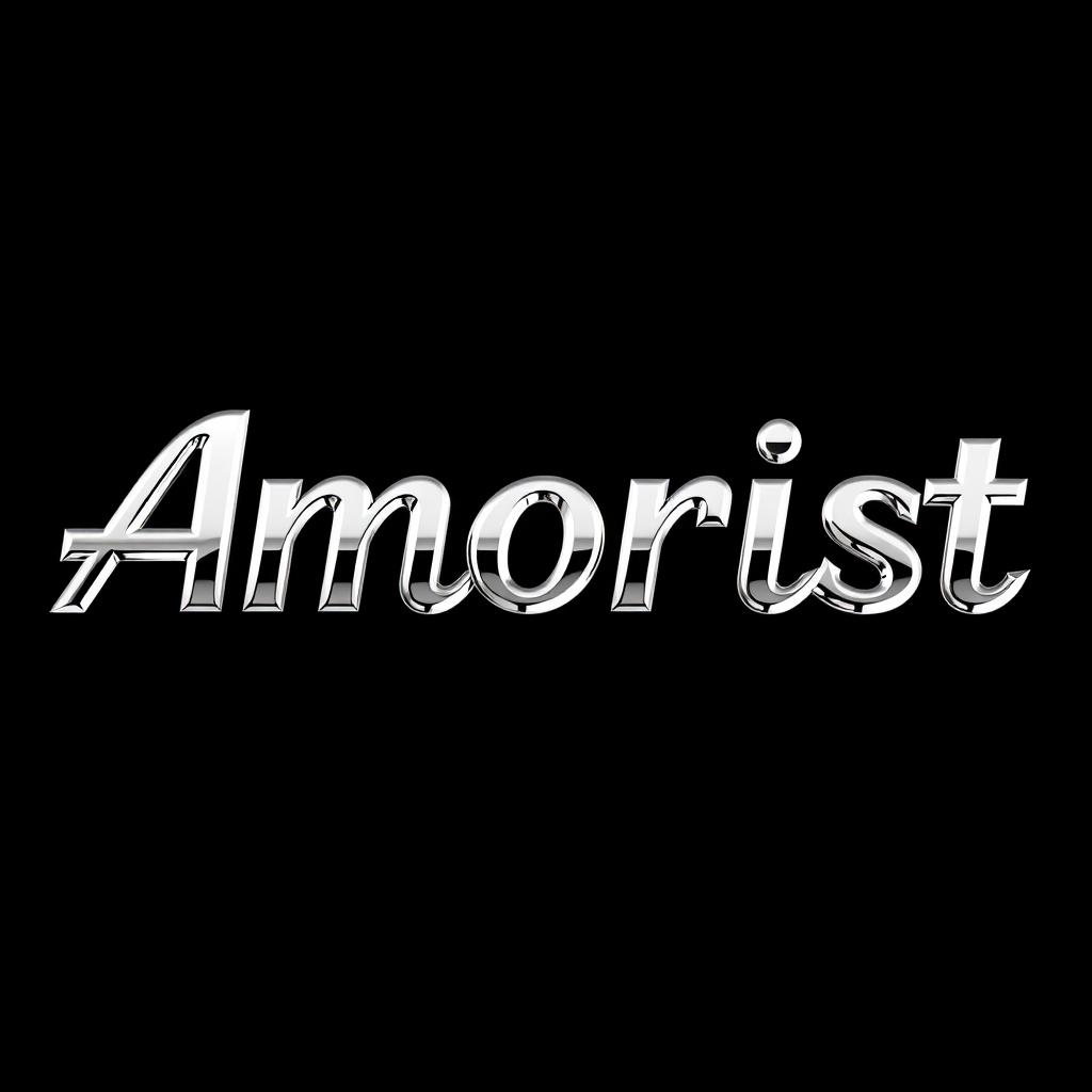 A visually striking depiction of the word 'Amorist', designed with a rich chrome metal effect that reflects light beautifully