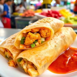 A delicious plate of Chicken Shang-Lumpia, showcasing a vibrant street food style