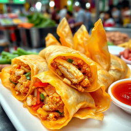 A delicious plate of Chicken Shang-Lumpia, showcasing a vibrant street food style