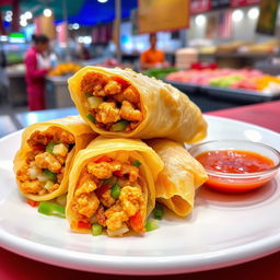 A delicious plate of Chicken Shang-Lumpia, showcasing a vibrant street food style