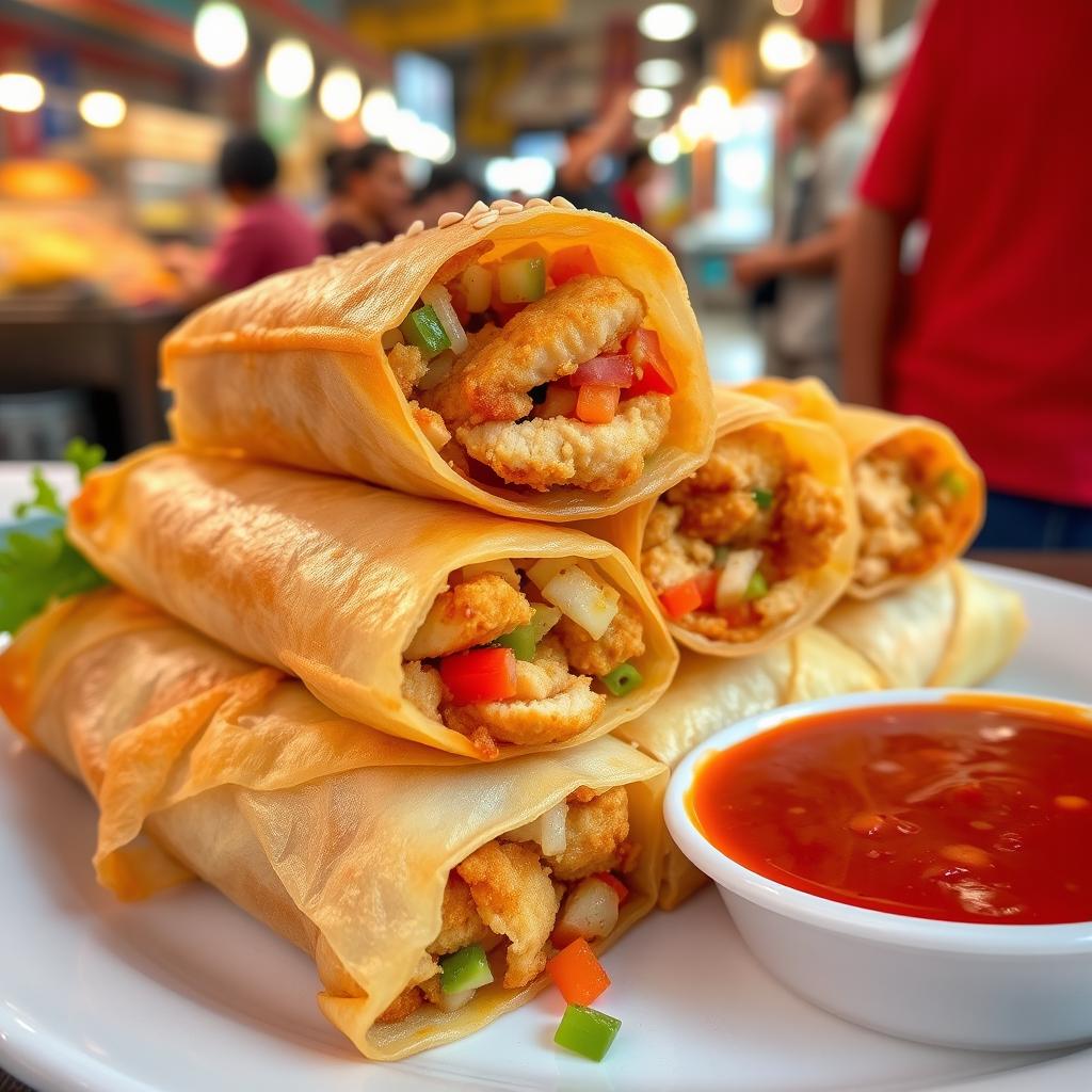A delicious plate of Chicken Shang-Lumpia, showcasing a vibrant street food style