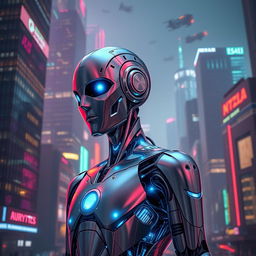 A futuristic robot, sleek and humanoid in design, standing in a high-tech cityscape at night