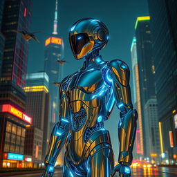 A futuristic robot, sleek and humanoid in design, standing in a high-tech cityscape at night