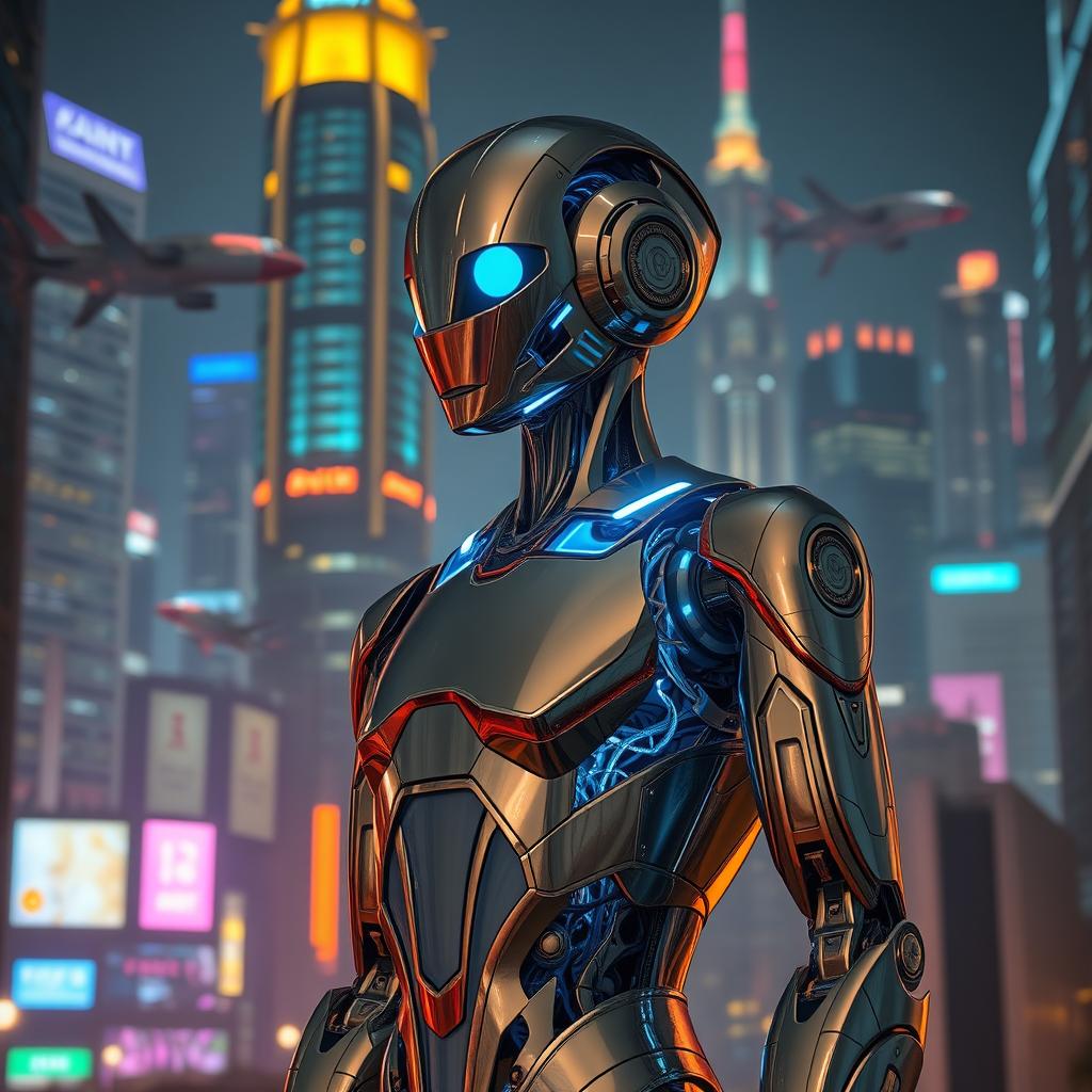 A futuristic robot, sleek and humanoid in design, standing in a high-tech cityscape at night