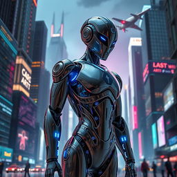 A futuristic robot, sleek and humanoid in design, standing in a high-tech cityscape at night