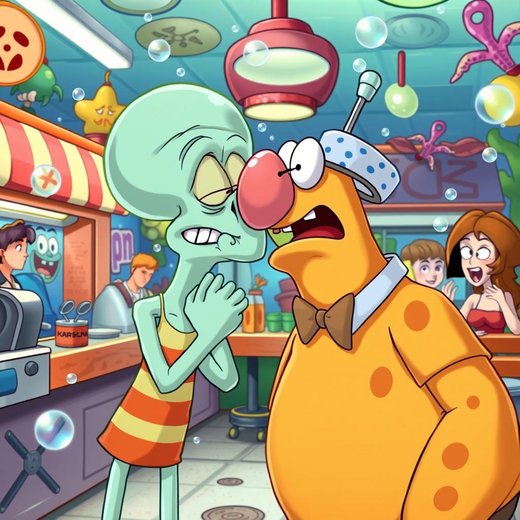 A humorous and surreal scene of Calamardo (Squidward) and Don Cangrejo (Mr