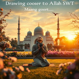 A serene and spiritual representation of the phrase 'Drawing closer to Allah SWT is the key to true happiness