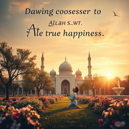 A serene and spiritual representation of the phrase 'Drawing closer to Allah SWT is the key to true happiness