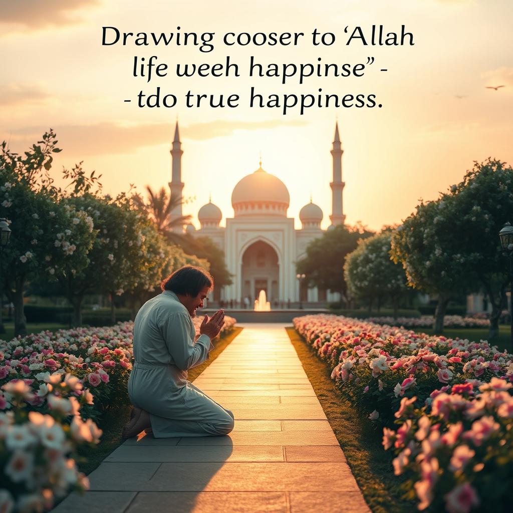 A serene and spiritual representation of the phrase 'Drawing closer to Allah SWT is the key to true happiness