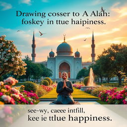 A serene and spiritual representation of the phrase 'Drawing closer to Allah SWT is the key to true happiness
