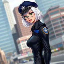 A 24-year-old female police officer from the Speed Enforcement Unit with tousled lob platinum white hair and wide circular eyeglasses