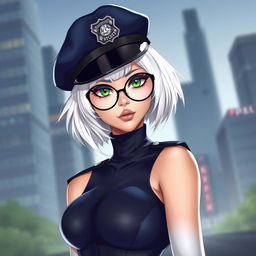 A 24-year-old female police officer from the Speed Enforcement Unit with tousled lob platinum white hair and wide circular eyeglasses