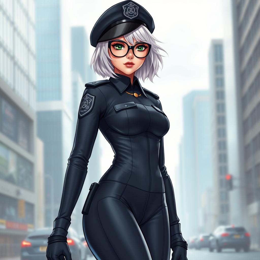 A 24-year-old female police officer from the Speed Enforcement Unit with tousled lob platinum white hair and wide circular eyeglasses