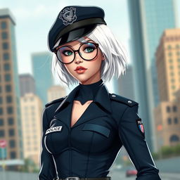 A 24-year-old female police officer from the Speed Enforcement Unit with tousled lob platinum white hair and wide circular eyeglasses