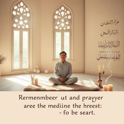 An evocative scene representing the phrase 'Remembrance (Zikr) and prayer (Dua) are the medicine for the heart