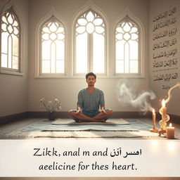 An evocative scene representing the phrase 'Remembrance (Zikr) and prayer (Dua) are the medicine for the heart