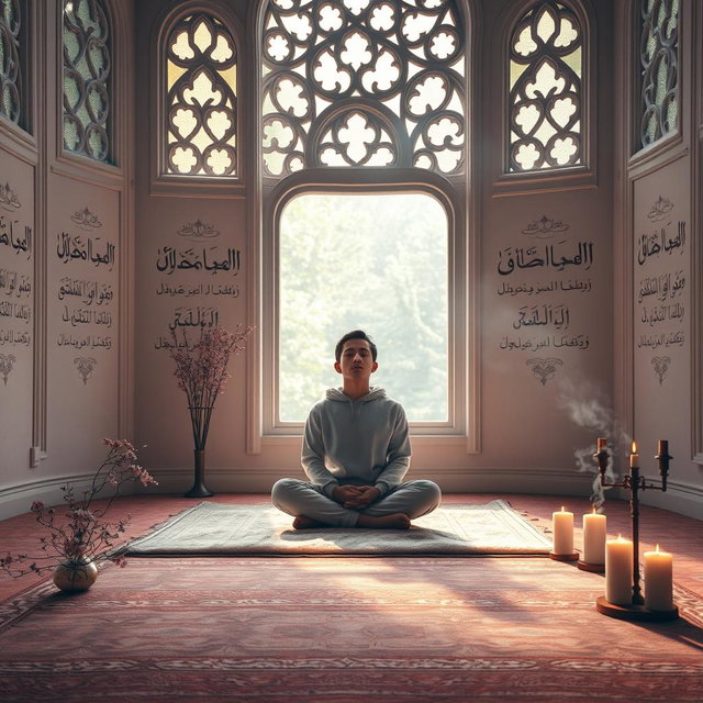 An evocative scene representing the phrase 'Remembrance (Zikr) and prayer (Dua) are the medicine for the heart