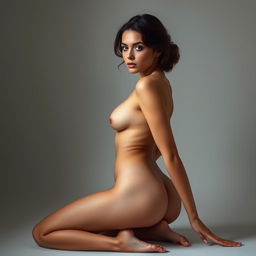 An attractive woman posing confidently and artistically in a naked full-body portrait, showcasing her elegance and class