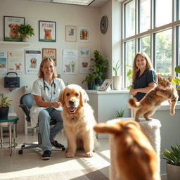 A lively and welcoming veterinary clinic interior, filled with happy pets and caring staff