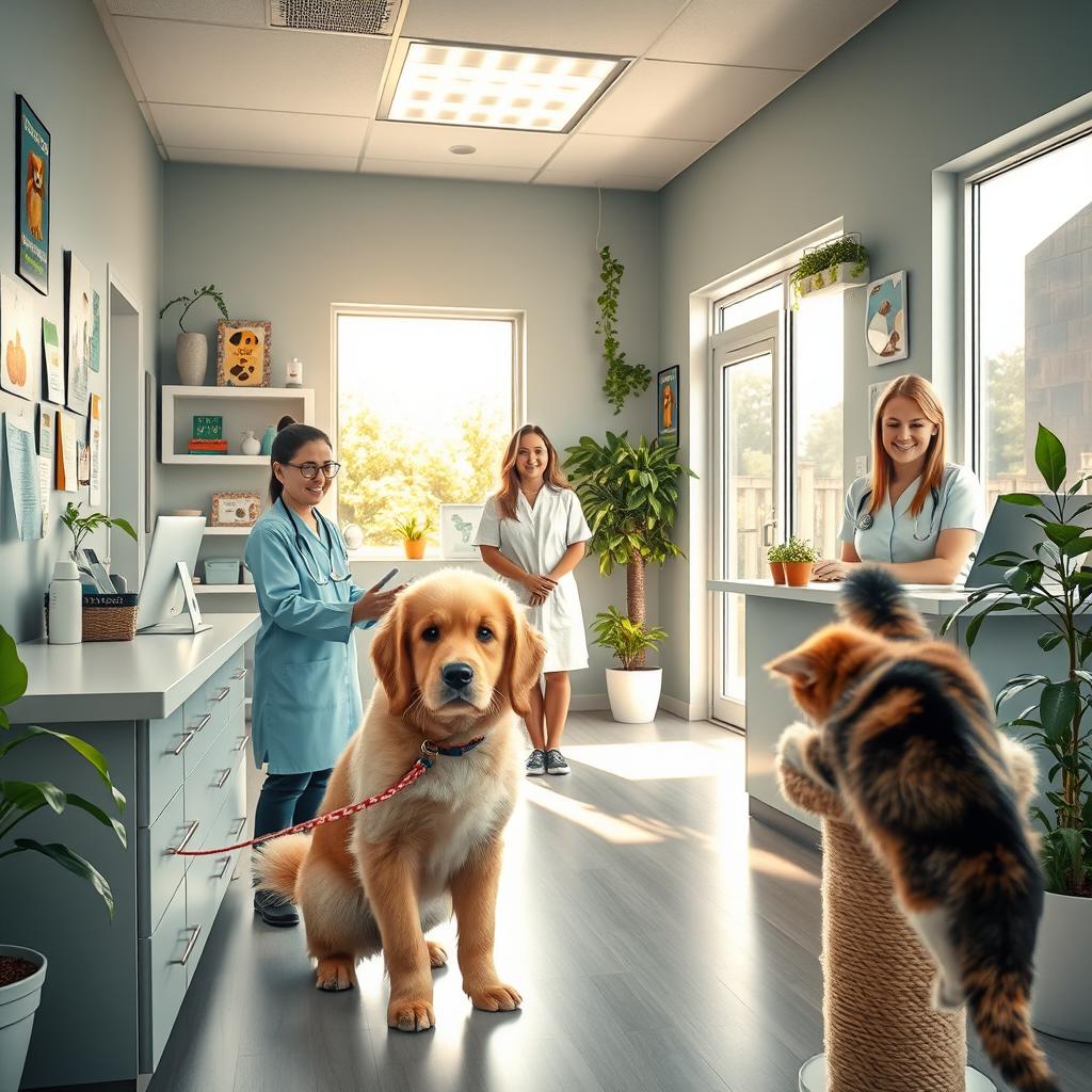 A lively and welcoming veterinary clinic interior, filled with happy pets and caring staff